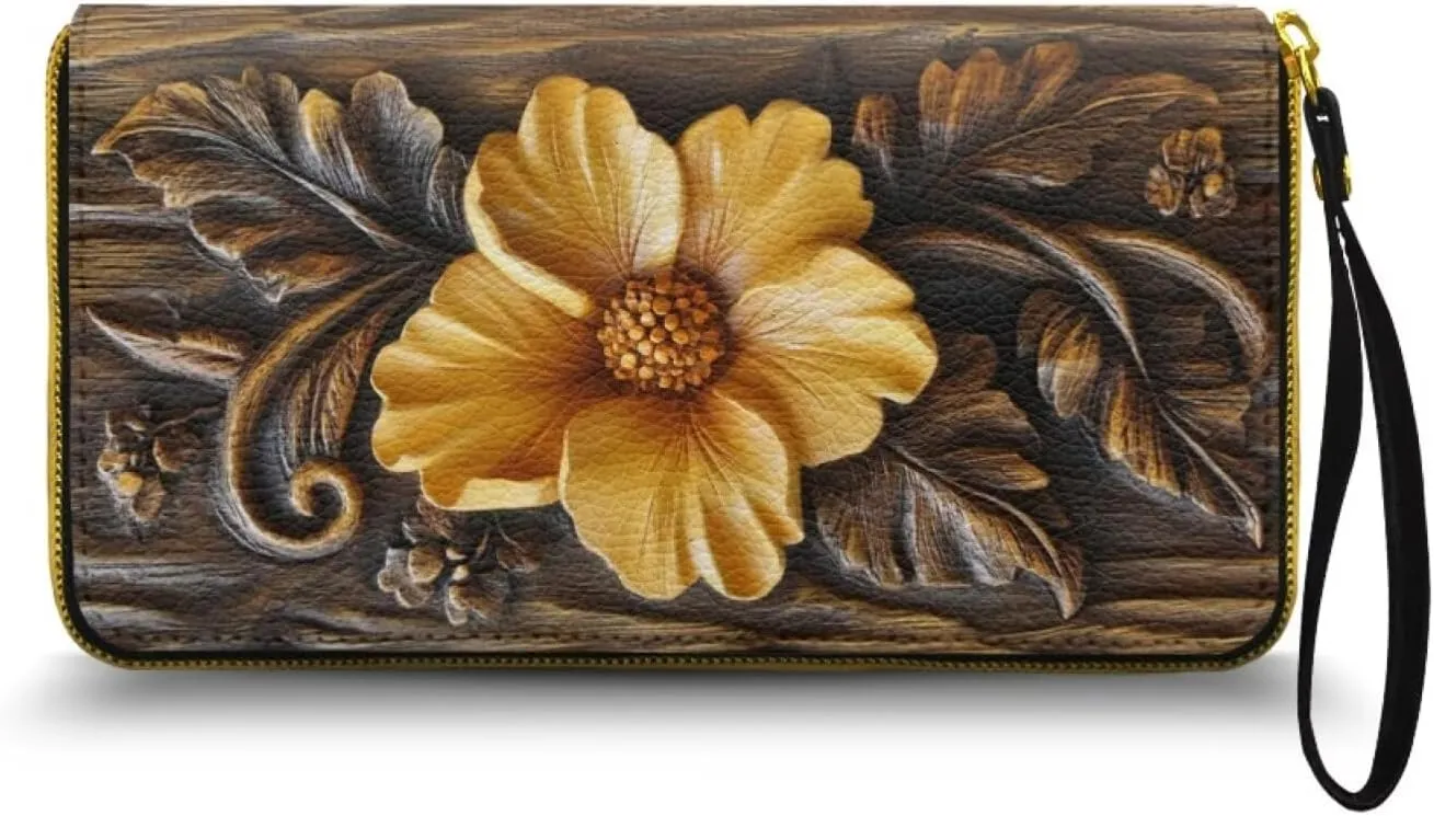 Floral Print Women's Wristlet Handbags Leather Zip Around Wallet for Women, Long Clutch Purse Casual Slim Wallet with Card Holder for Shopping Working Party, Bronze