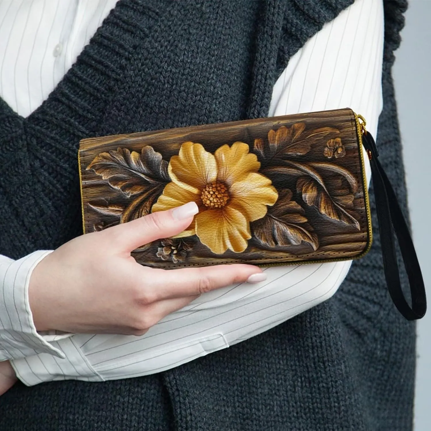 Floral Print Women's Wristlet Handbags Leather Zip Around Wallet for Women, Long Clutch Purse Casual Slim Wallet with Card Holder for Shopping Working Party, Bronze