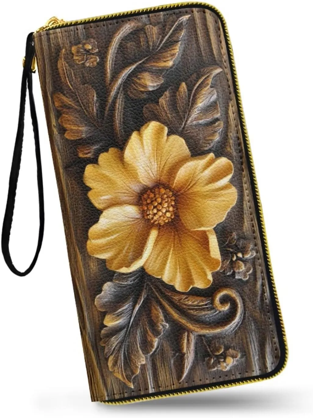 Floral Print Women's Wristlet Handbags Leather Zip Around Wallet for Women, Long Clutch Purse Casual Slim Wallet with Card Holder for Shopping Working Party, Bronze