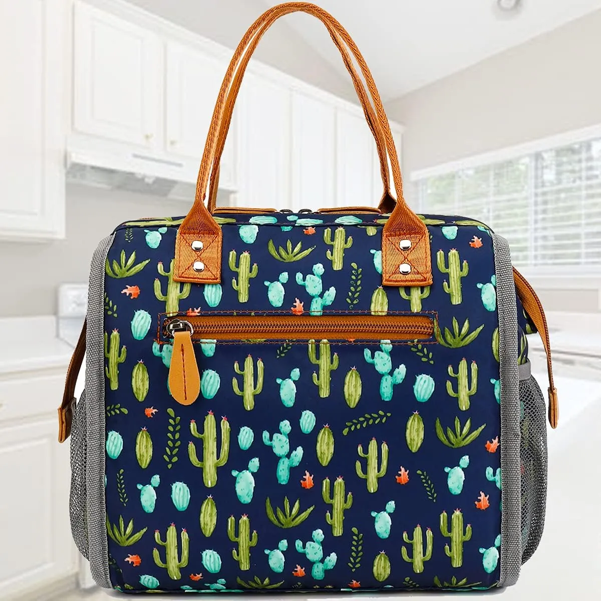 FlowFly Insulated Lunch Bag for Women, Men, Large and Reusable, Handle, Work and Travel Tote and Meal Prep Organizer, Cactus
