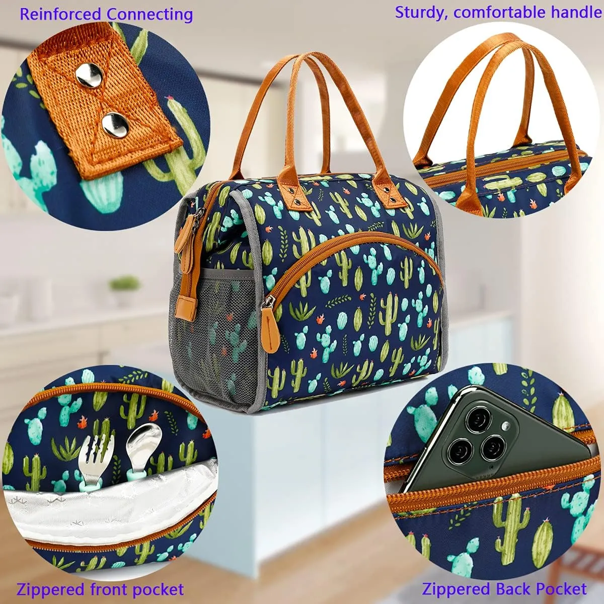 FlowFly Insulated Lunch Bag for Women, Men, Large and Reusable, Handle, Work and Travel Tote and Meal Prep Organizer, Cactus