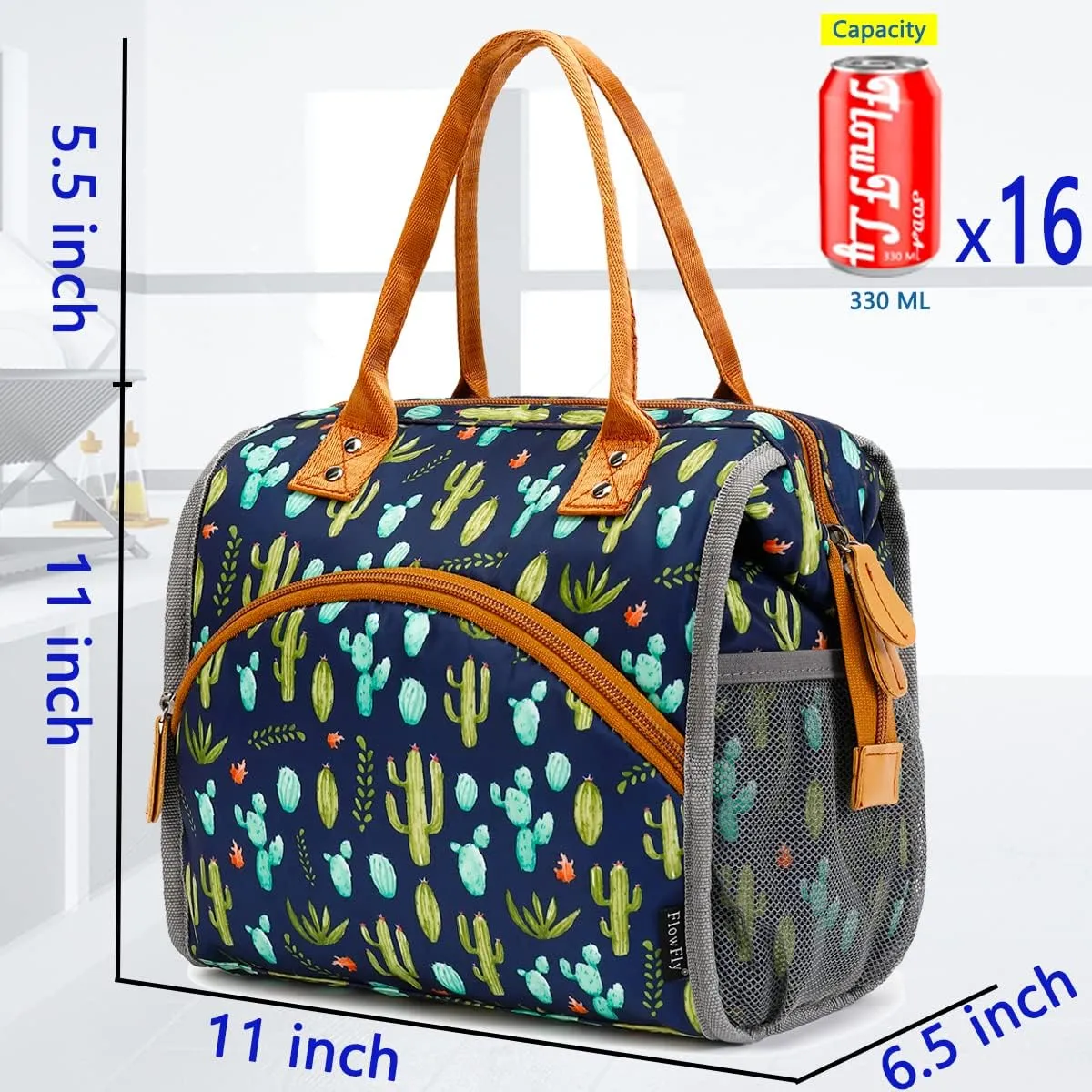 FlowFly Insulated Lunch Bag for Women, Men, Large and Reusable, Handle, Work and Travel Tote and Meal Prep Organizer, Cactus