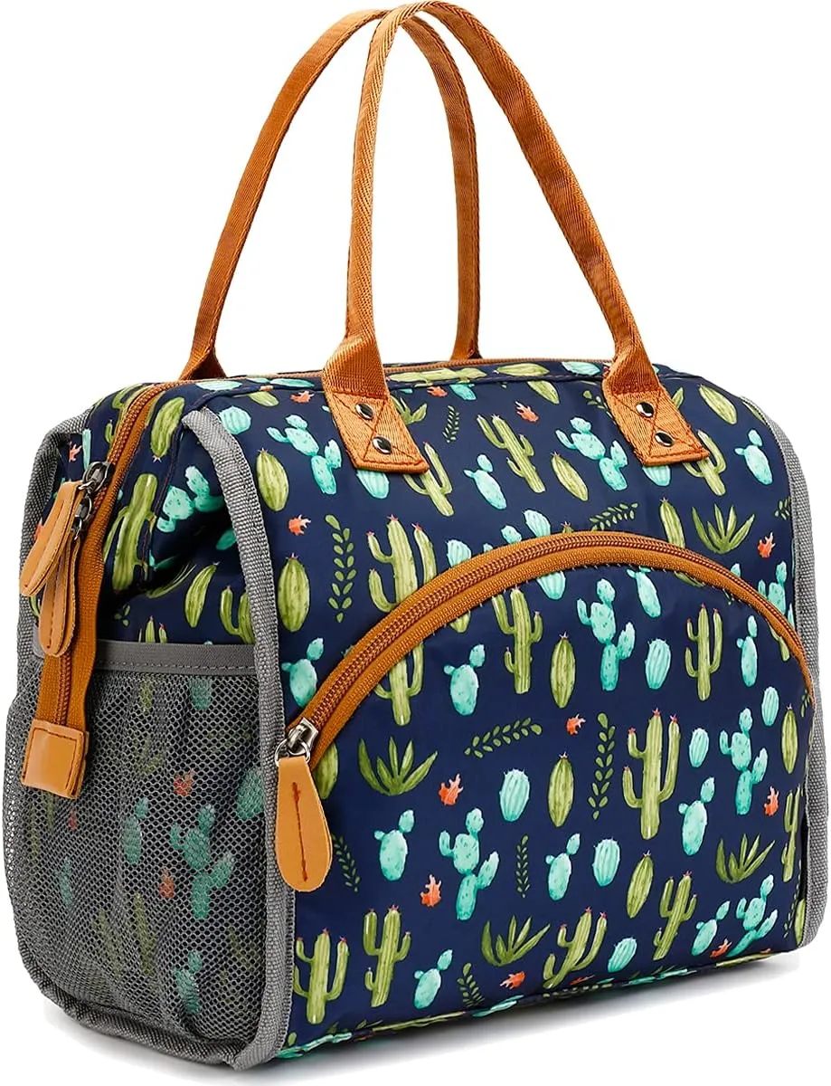 FlowFly Insulated Lunch Bag for Women, Men, Large and Reusable, Handle, Work and Travel Tote and Meal Prep Organizer, Cactus