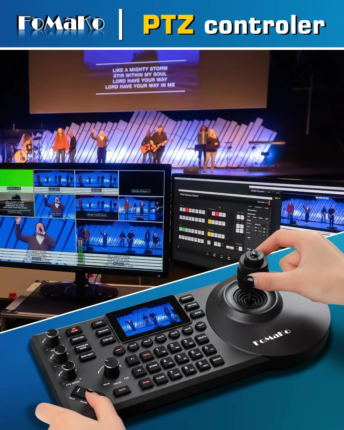 FoMaKo PTZ Controller PoE 3" LCD Screen Preview, 4D Joystick PTZ Camera Controller for Church Live Service Education, Visca PELCO D/P RS232 RS485 (No NDI License, but NDI Upgradeable.) (KC608 Pro)