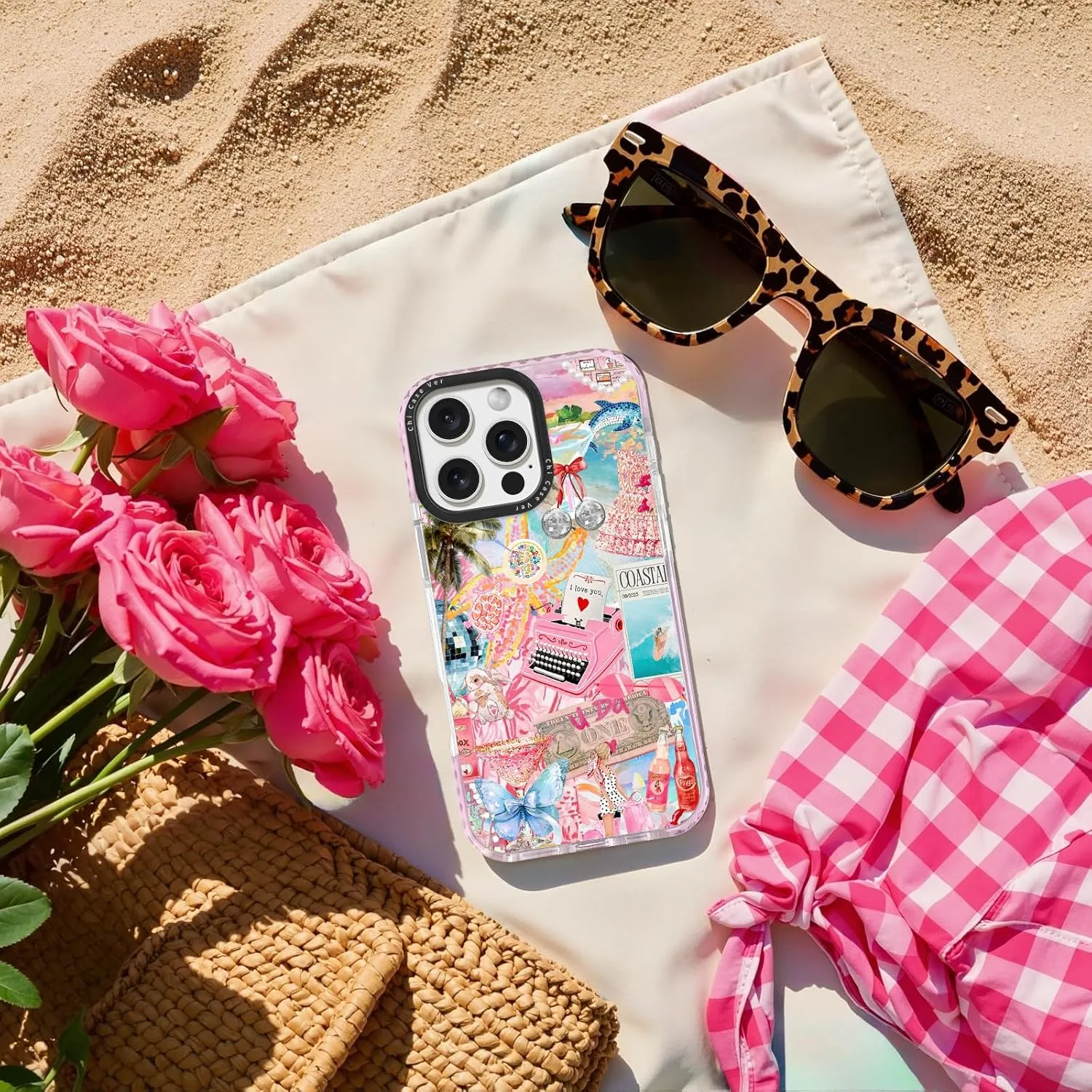 for iPhone 14 Case, Coastal Life Pattern with Tropical Collage, Military-Grade Drop Protection, Cute Soft Slim TPU Protective Cover with Camera Protection for Women & Girls