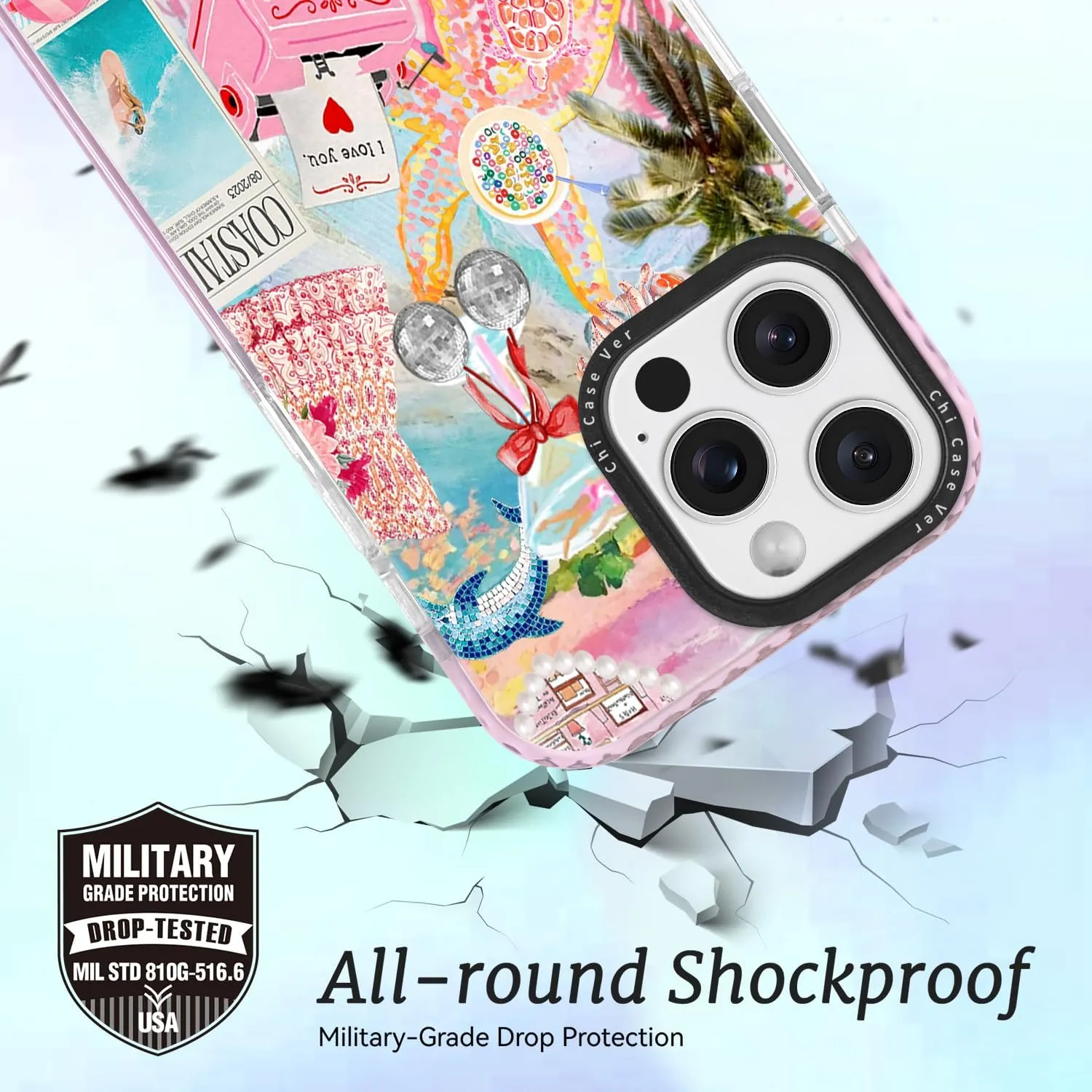 for iPhone 14 Case, Coastal Life Pattern with Tropical Collage, Military-Grade Drop Protection, Cute Soft Slim TPU Protective Cover with Camera Protection for Women & Girls