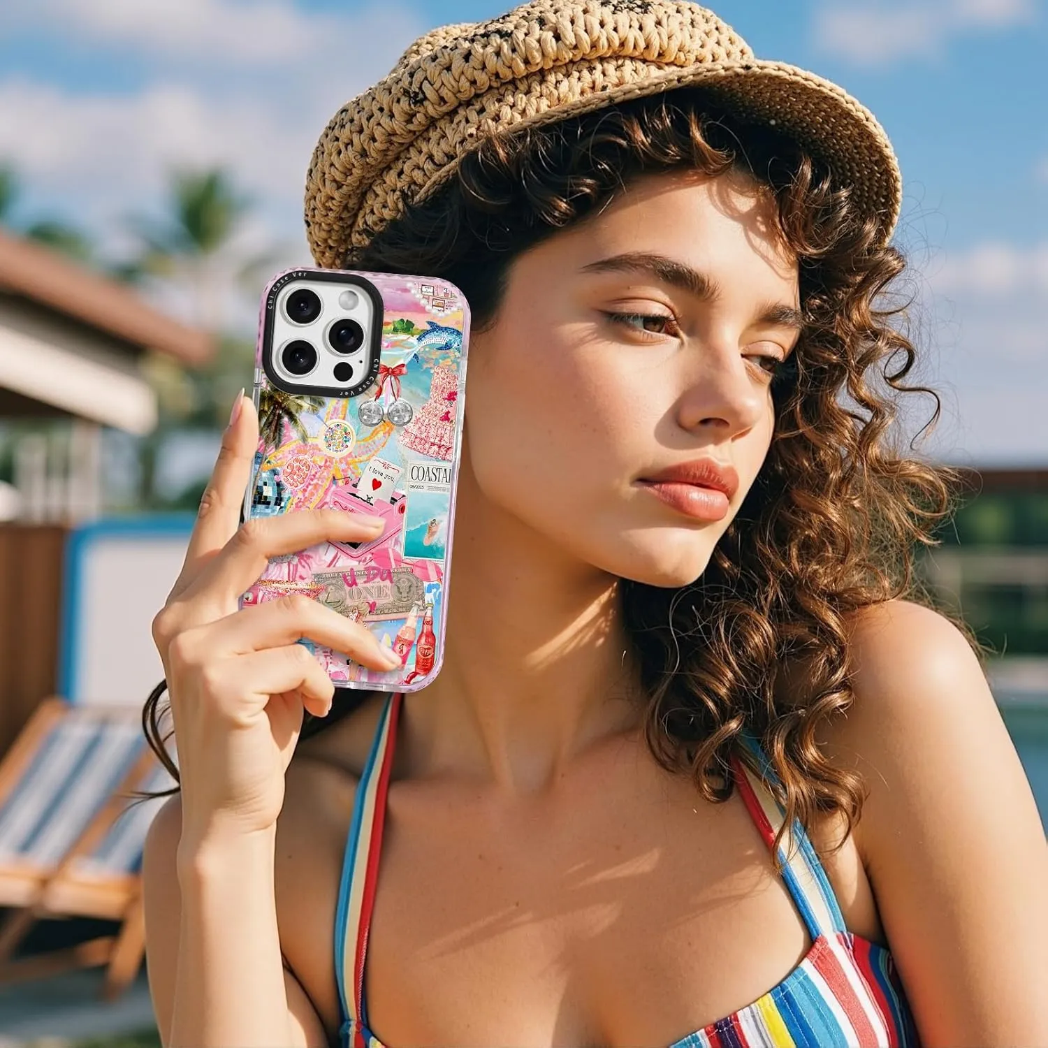 for iPhone 14 Case, Coastal Life Pattern with Tropical Collage, Military-Grade Drop Protection, Cute Soft Slim TPU Protective Cover with Camera Protection for Women & Girls
