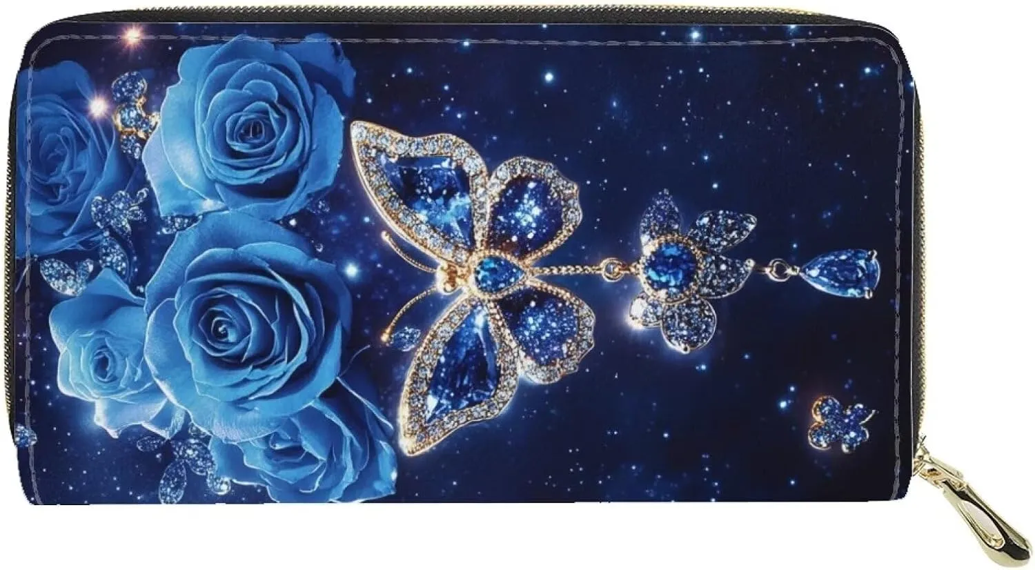 FOR U DESIGNS Womens Wallet Slim Small Handbags PU Leather Clutch Purses Zipper Around Money Clip Blue Butterfly Rose Floral Print Credit Card Holder