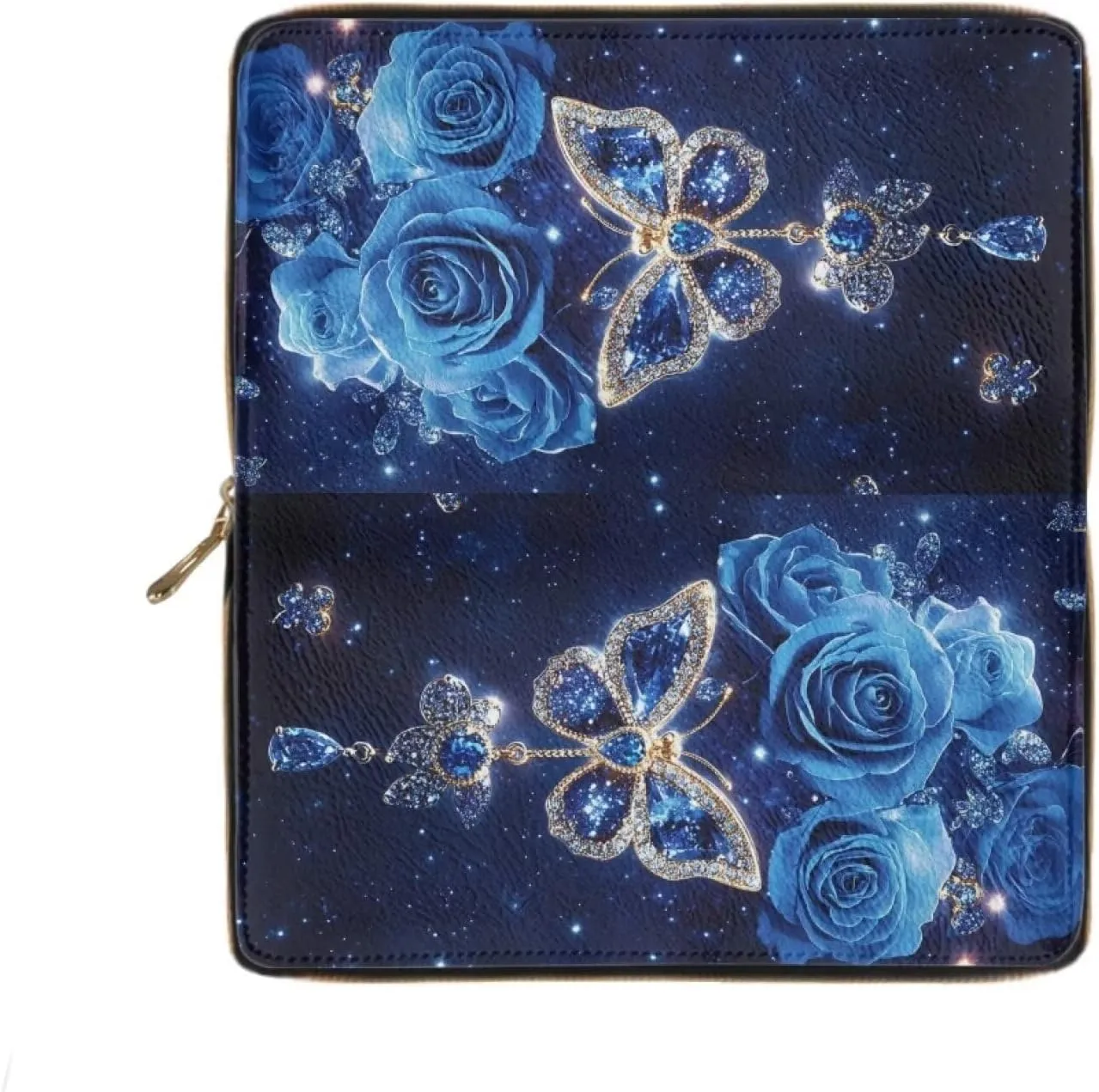FOR U DESIGNS Womens Wallet Slim Small Handbags PU Leather Clutch Purses Zipper Around Money Clip Blue Butterfly Rose Floral Print Credit Card Holder