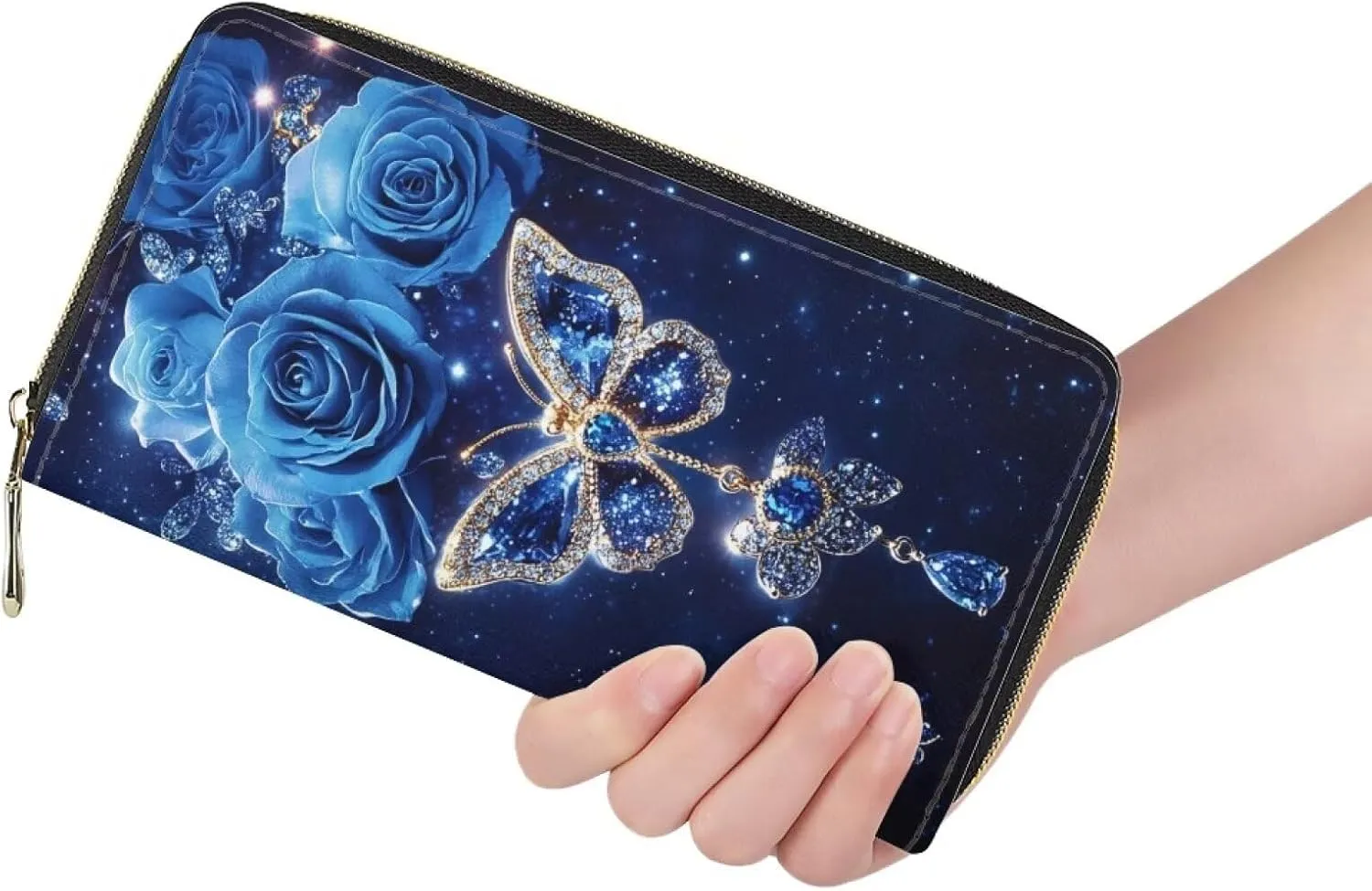 FOR U DESIGNS Womens Wallet Slim Small Handbags PU Leather Clutch Purses Zipper Around Money Clip Blue Butterfly Rose Floral Print Credit Card Holder