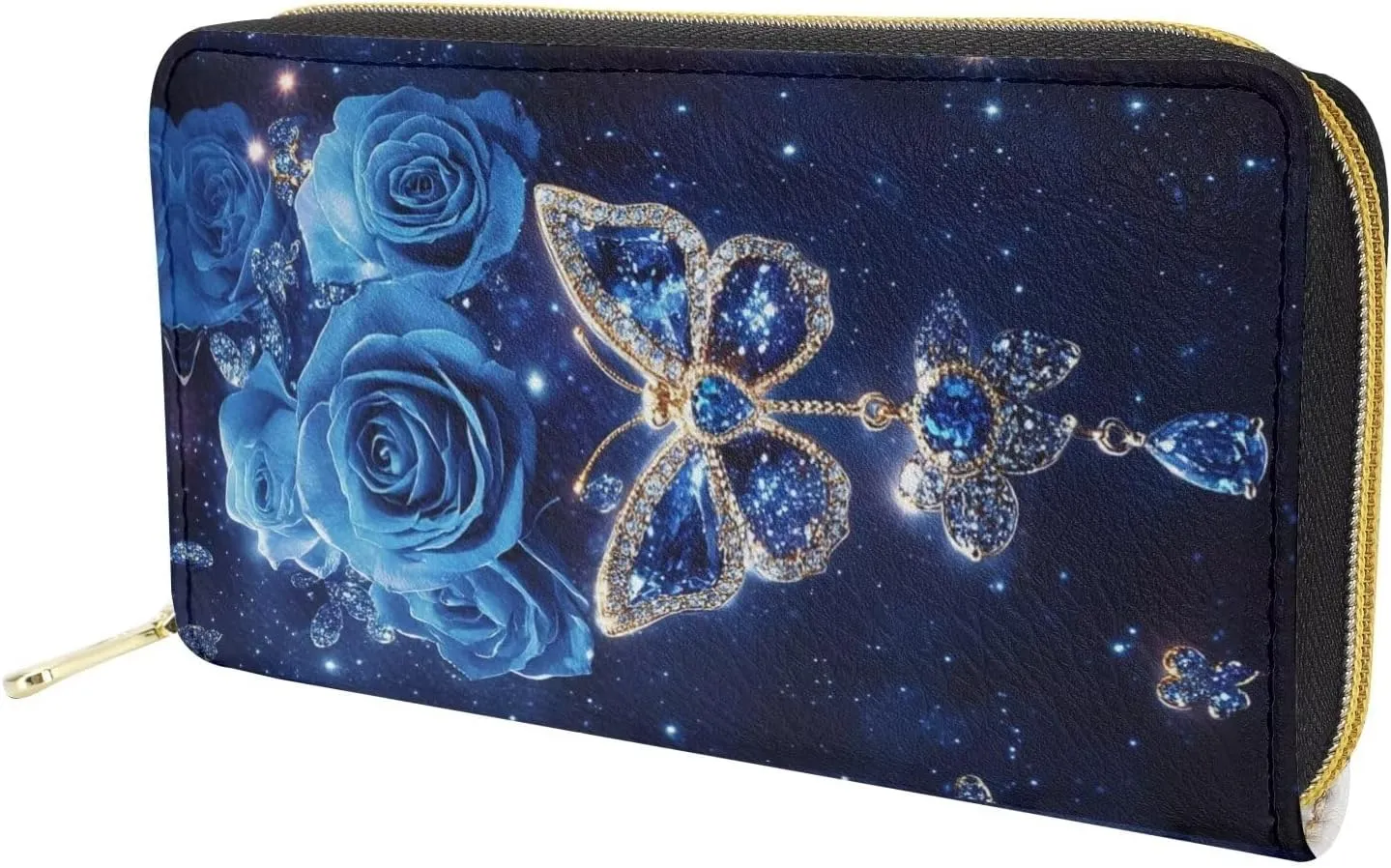 FOR U DESIGNS Womens Wallet Slim Small Handbags PU Leather Clutch Purses Zipper Around Money Clip Blue Butterfly Rose Floral Print Credit Card Holder