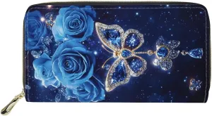 FOR U DESIGNS Womens Wallet Slim Small Handbags PU Leather Clutch Purses Zipper Around Money Clip Blue Butterfly Rose Floral Print Credit Card Holder