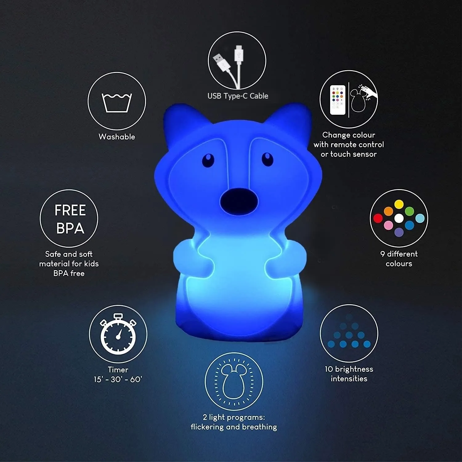 Fox Night Lights Bedside lamp, Bedroom Light for Kids, Baby Nursery lamps - Break Resistant, Eye Caring, Adjustable Brightness & Color and Time Setting, Gifts for Kids Babies Boy Girl - Medium