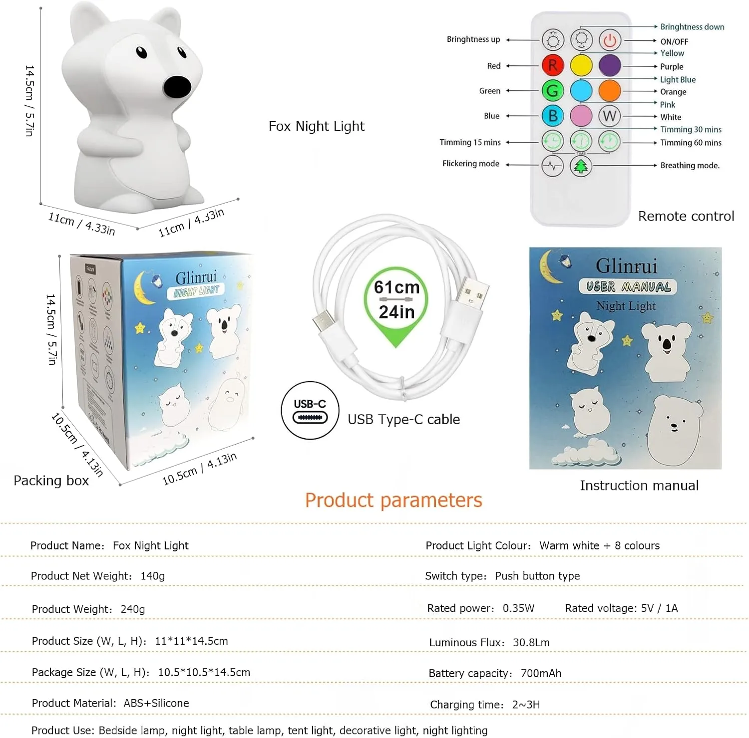 Fox Night Lights Bedside lamp, Bedroom Light for Kids, Baby Nursery lamps - Break Resistant, Eye Caring, Adjustable Brightness & Color and Time Setting, Gifts for Kids Babies Boy Girl - Medium