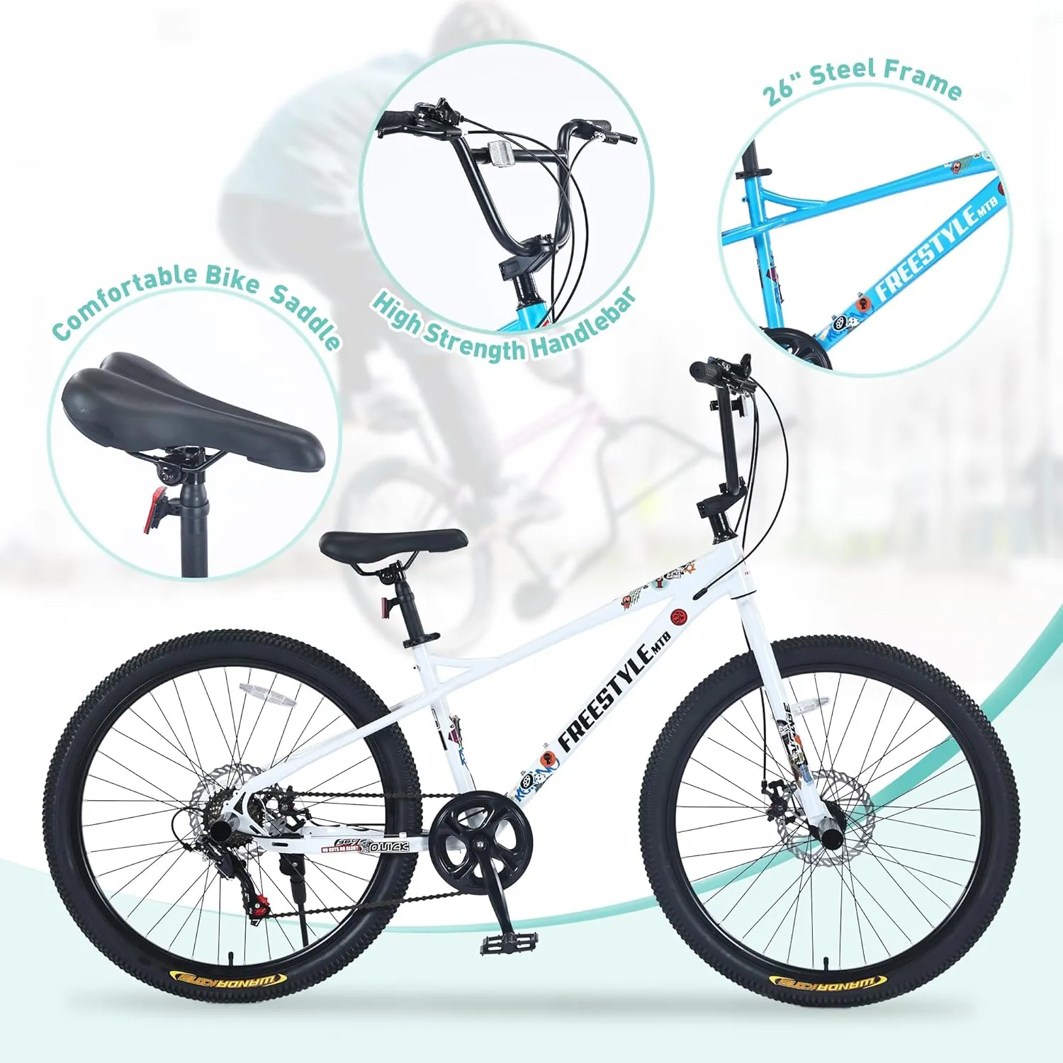 Freestyle BMX Bikes, 20/26 inch Kids Mountain Bike, Steel Frame/Adjustable Ergonomic, Single Speed Bicycles for Boys, Outdoor Cycling Bike Road Bicycle Mountain Bike, Multiple Colors