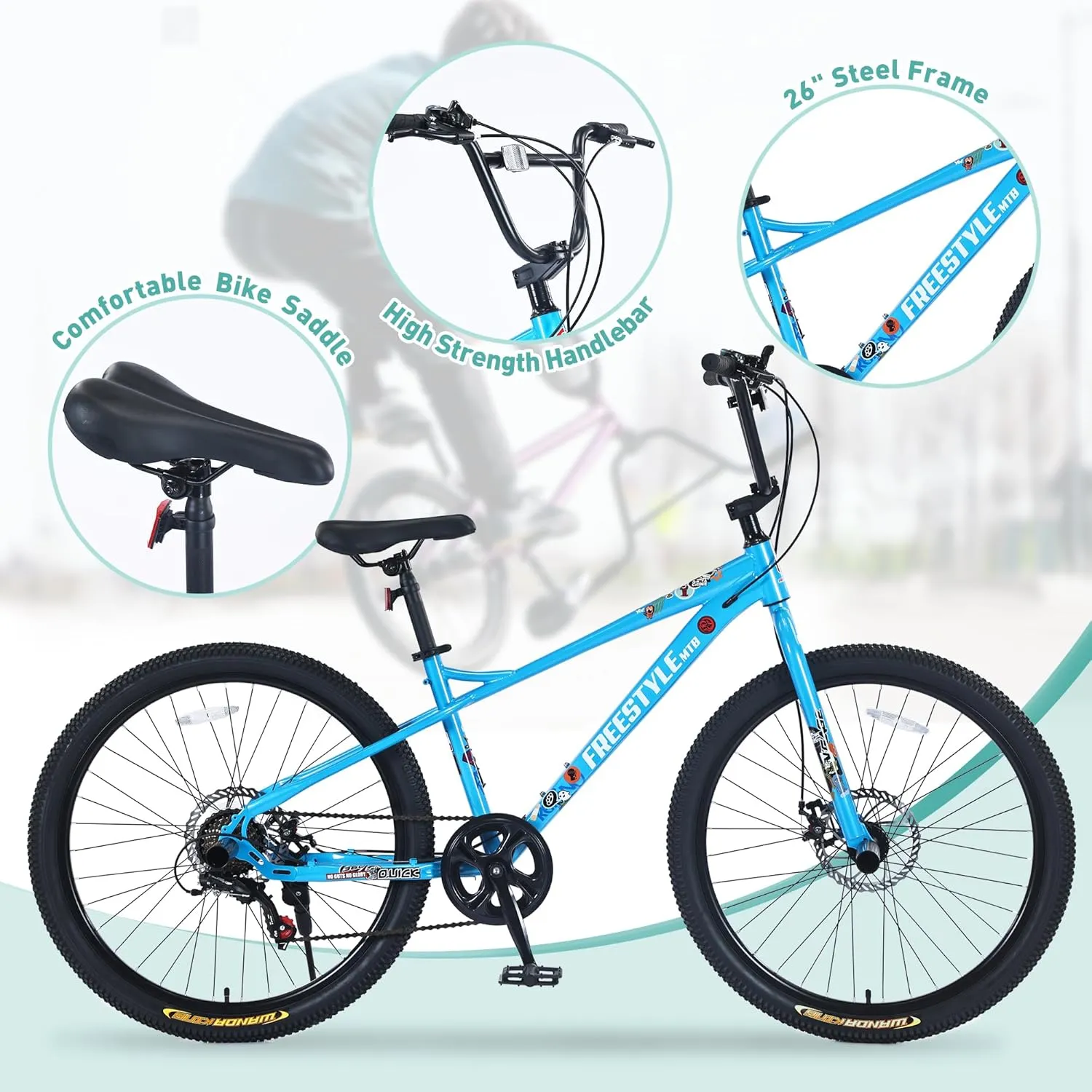 Freestyle BMX Bikes, 20/26 inch Kids Mountain Bike, Steel Frame/Adjustable Ergonomic, Single Speed Bicycles for Boys, Outdoor Cycling Bike Road Bicycle Mountain Bike, Multiple Colors