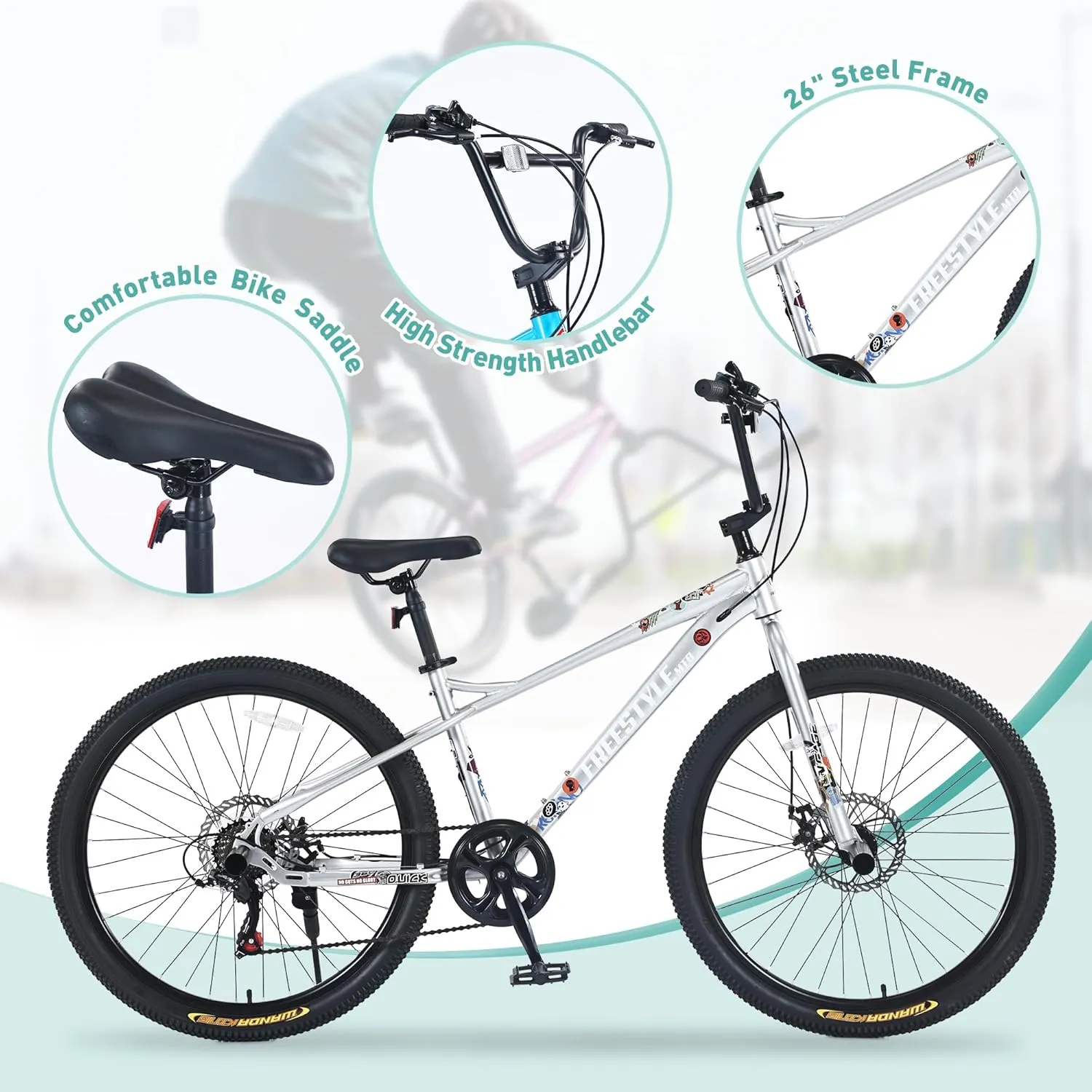 Freestyle BMX Bikes, 20/26 inch Kids Mountain Bike, Steel Frame/Adjustable Ergonomic, Single Speed Bicycles for Boys, Outdoor Cycling Bike Road Bicycle Mountain Bike, Multiple Colors