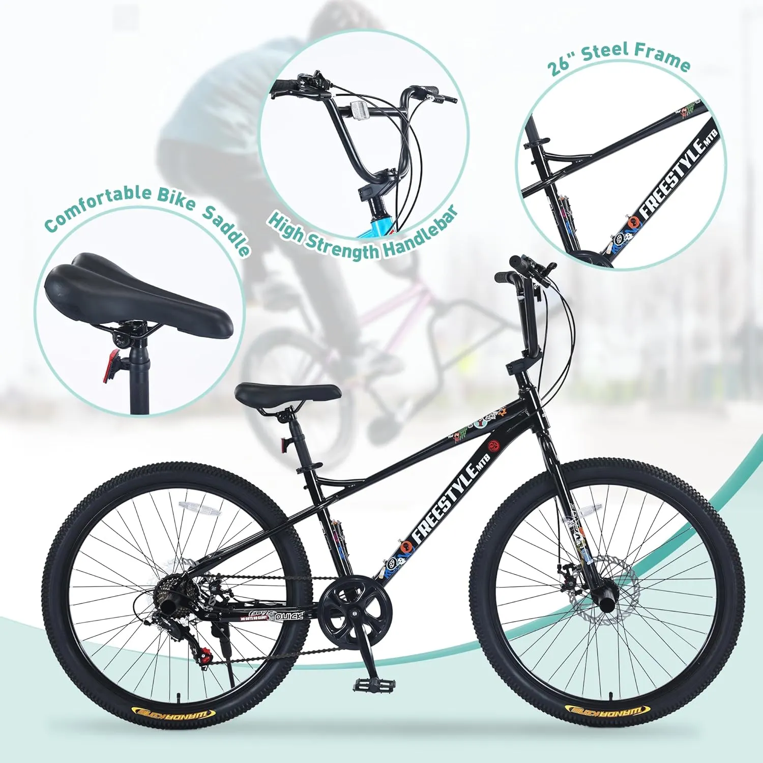 Freestyle BMX Bikes, 20/26 inch Kids Mountain Bike, Steel Frame/Adjustable Ergonomic, Single Speed Bicycles for Boys, Outdoor Cycling Bike Road Bicycle Mountain Bike, Multiple Colors