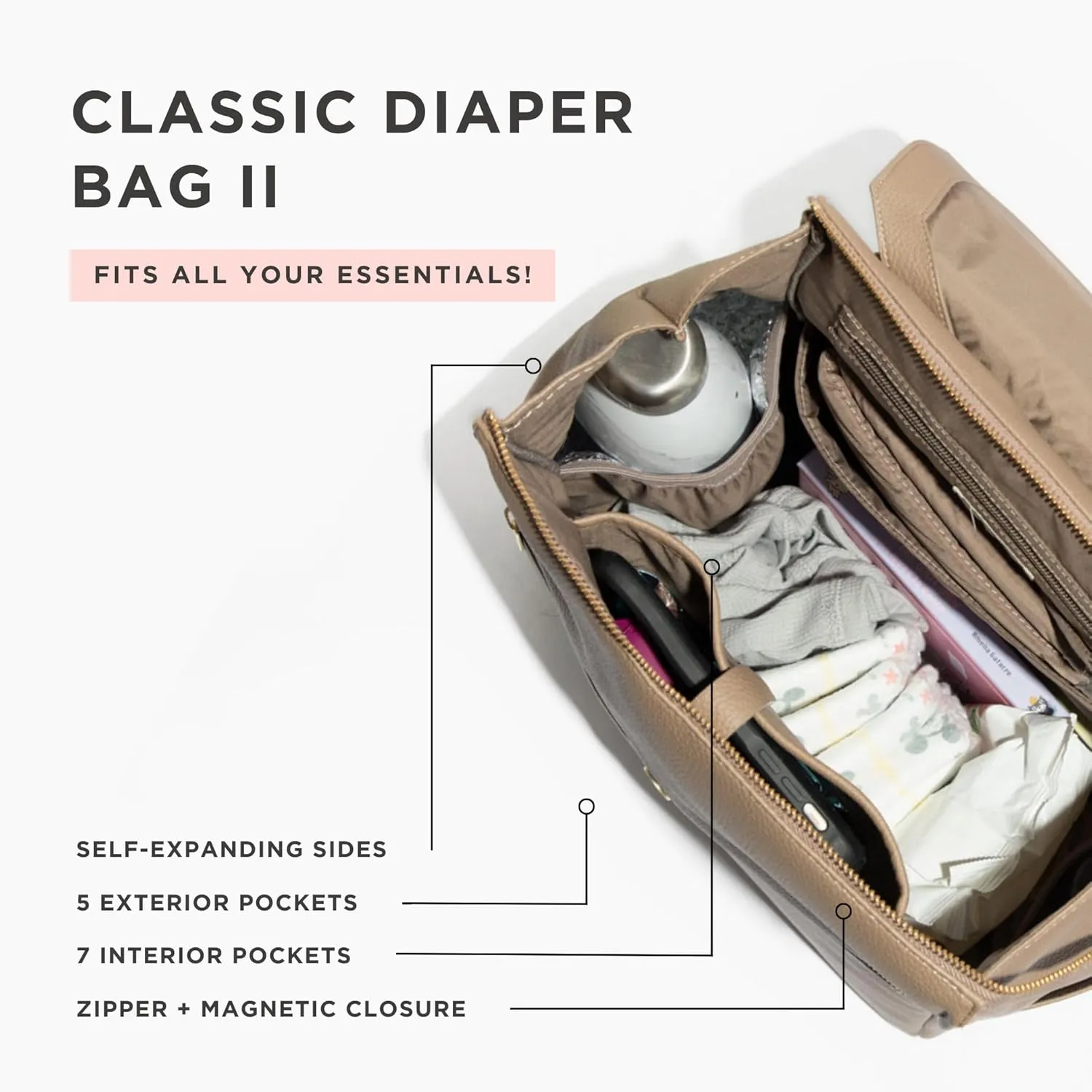 Freshly Picked Classic II Diaper Bag Backpack, Wipeable Vegan Leather With Changing Pad, Convertible (Aspen V2)