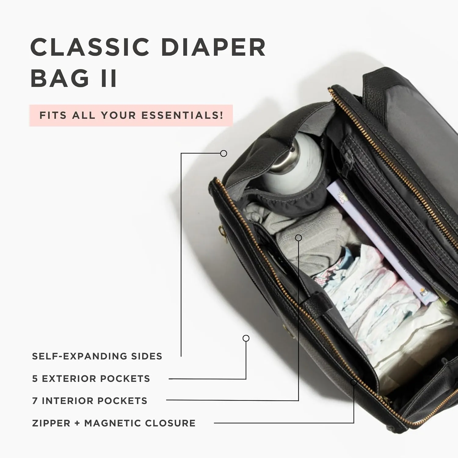 Freshly Picked Classic II Diaper Bag Backpack, Wipeable Vegan Leather With Changing Pad, Convertible (Ebony V2)