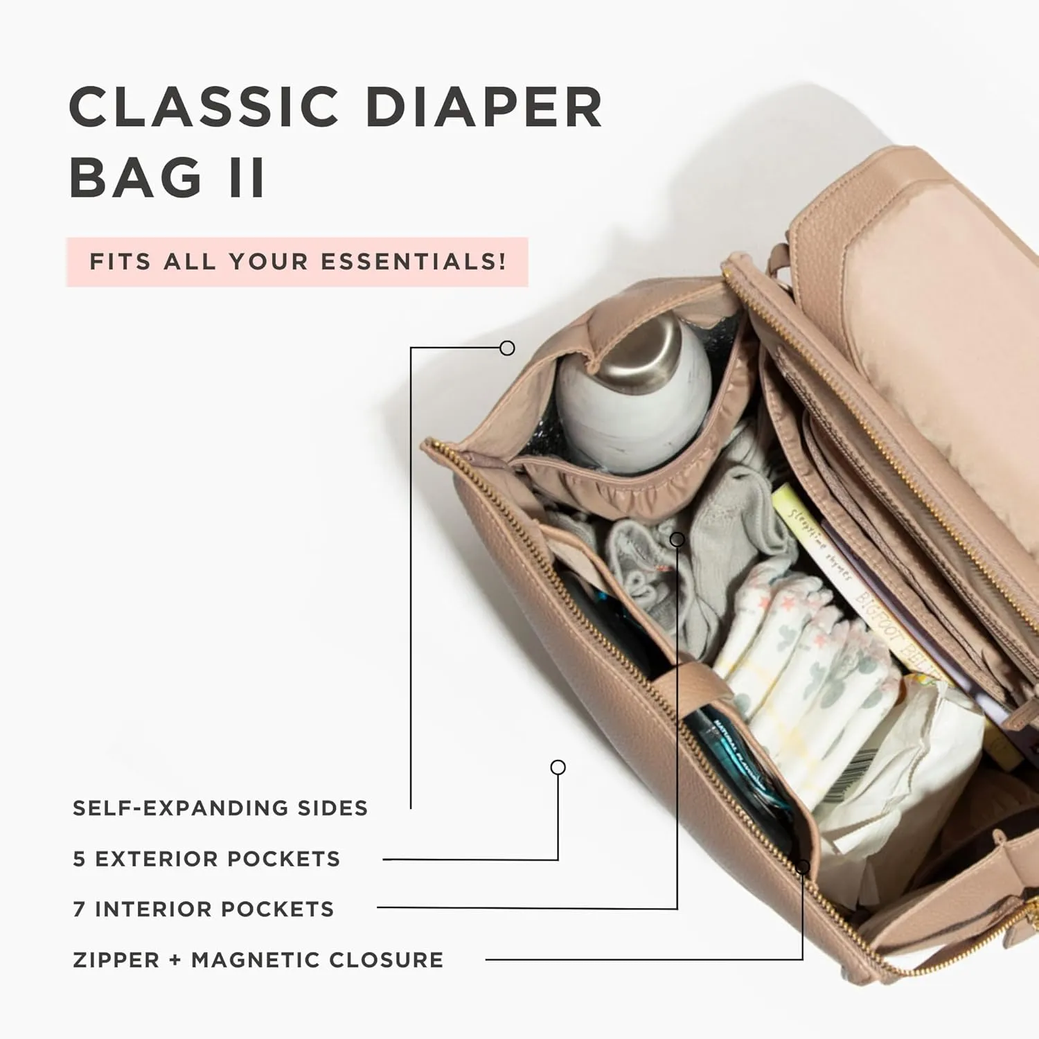 Freshly Picked Classic II Diaper Bag Backpack, Wipeable Vegan Leather With Changing Pad, Convertible (Fig V2)