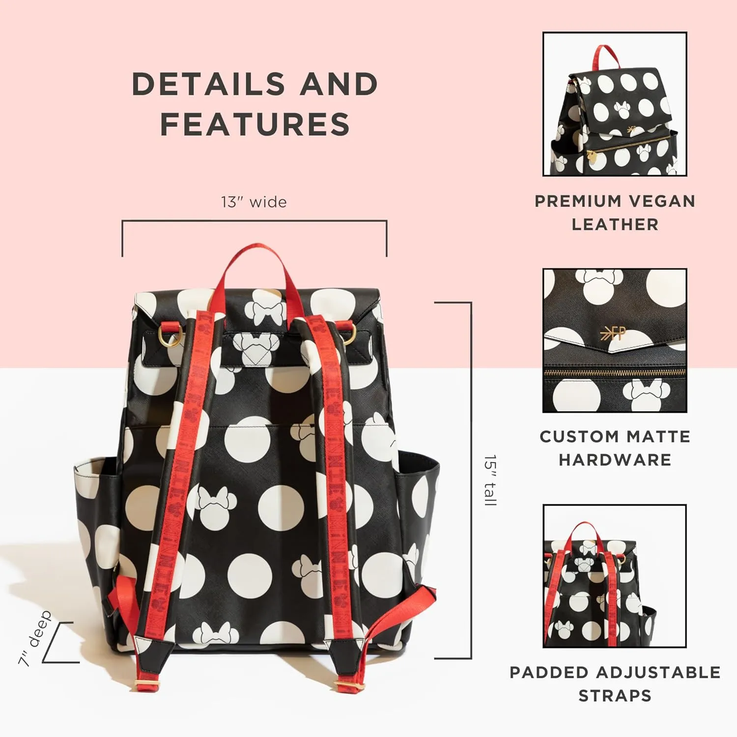 Freshly Picked Classic II Diaper Bag Backpack, Wipeable Vegan Leather With Changing Pad (Minnie Lots of Dots)