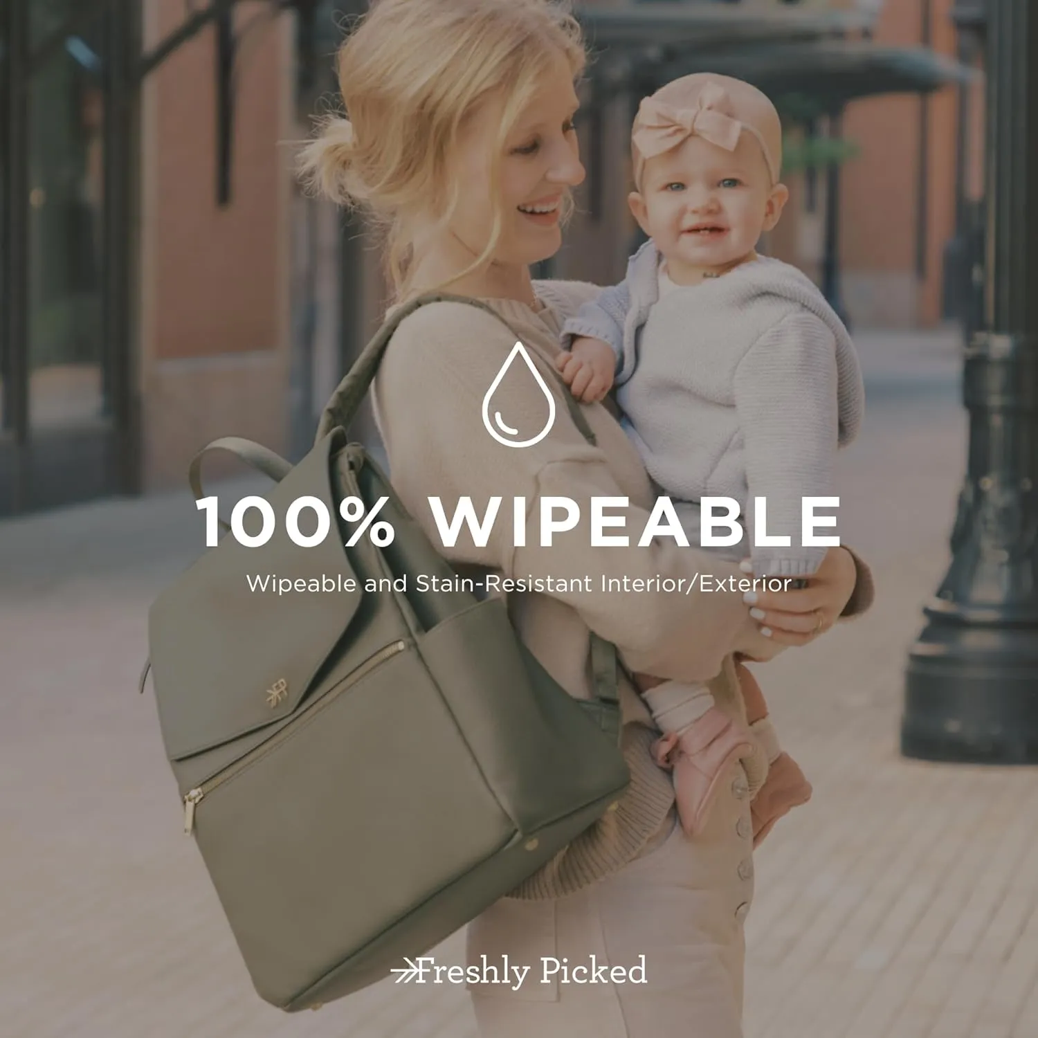 Freshly Picked Classic II Diaper Bag Backpack, Wipeable Vegan Leather With Changing Pad (Sage Green V2)