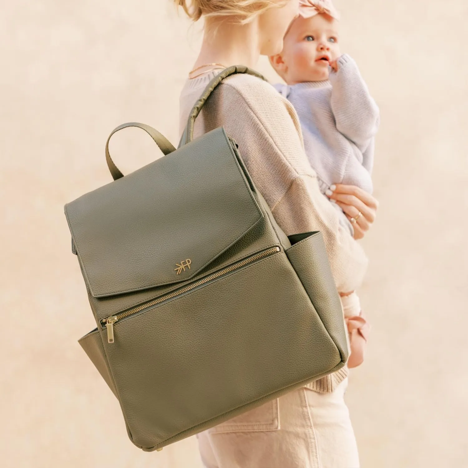 Freshly Picked Classic II Diaper Bag Backpack, Wipeable Vegan Leather With Changing Pad (Sage Green V2)
