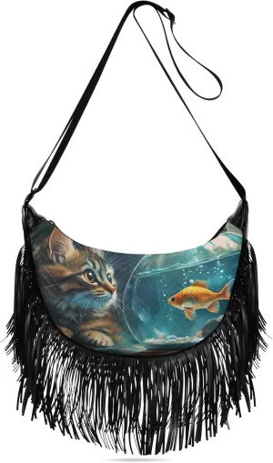 Fringe Hippie Purses Cat Watch Fish Print, Western Tassel Bags Crossbody Bags for Women with Adjustable Strap Fabric PU Material
