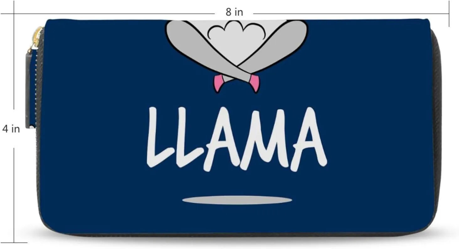 Funny Quotes No Drama White Grey Llama Alpaca Sitting on Navy Blue Leather Long Wallet Organizer with Zipper Purse Clutch Bag for Women Men Key Card Coin Passport Checkbook 8 x 4 inch
