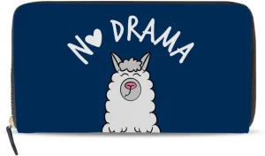 Funny Quotes No Drama White Grey Llama Alpaca Sitting on Navy Blue Leather Long Wallet Organizer with Zipper Purse Clutch Bag for Women Men Key Card Coin Passport Checkbook 8 x 4 inch