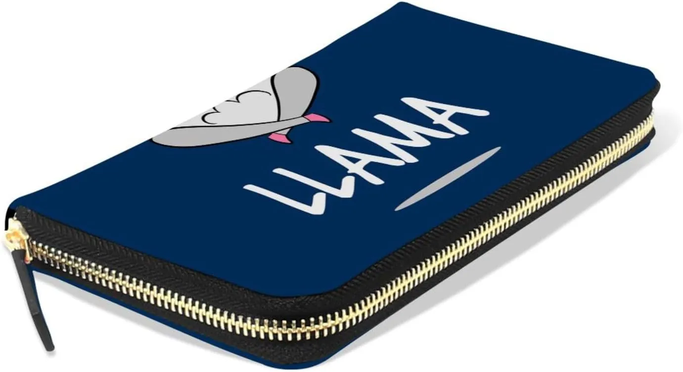 Funny Quotes No Drama White Grey Llama Alpaca Sitting on Navy Blue Leather Long Wallet Organizer with Zipper Purse Clutch Bag for Women Men Key Card Coin Passport Checkbook 8 x 4 inch