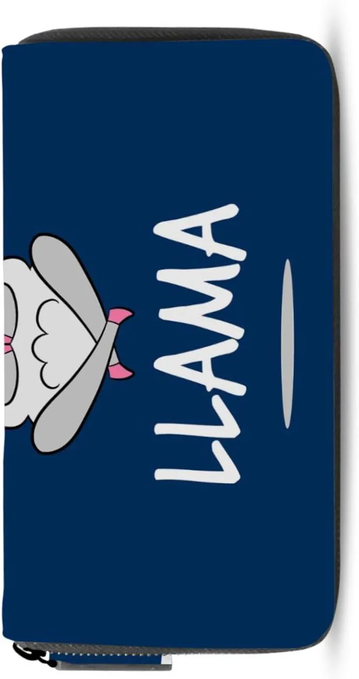 Funny Quotes No Drama White Grey Llama Alpaca Sitting on Navy Blue Leather Long Wallet Organizer with Zipper Purse Clutch Bag for Women Men Key Card Coin Passport Checkbook 8 x 4 inch