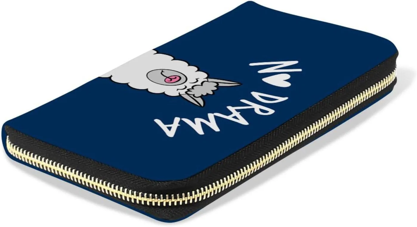 Funny Quotes No Drama White Grey Llama Alpaca Sitting on Navy Blue Leather Long Wallet Organizer with Zipper Purse Clutch Bag for Women Men Key Card Coin Passport Checkbook 8 x 4 inch