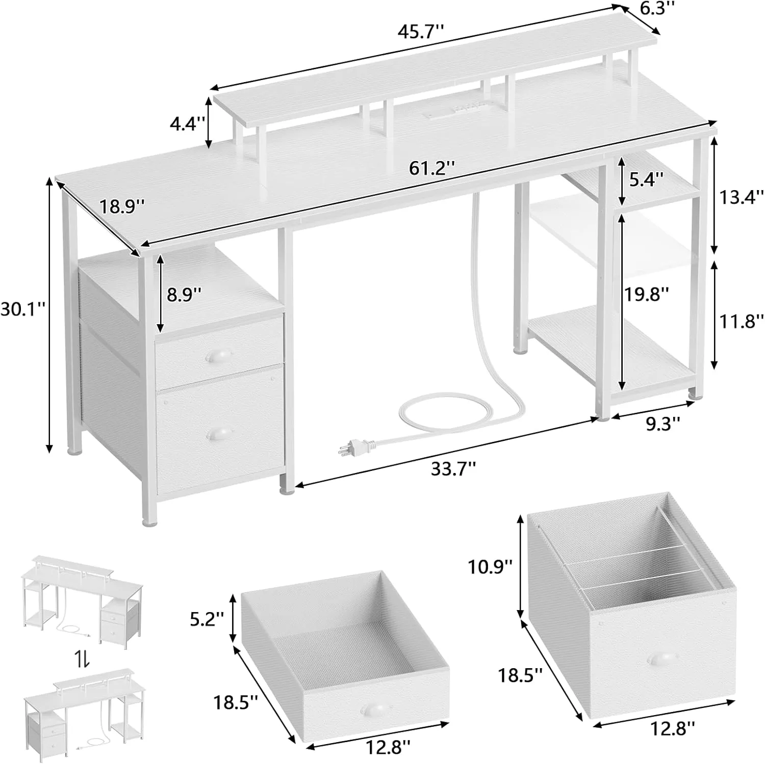 Furologee 61" Desk with LED Light & Power Outlets, Reversible Computer Table with File Cabinet & Drawer, White Gaming Desk Writing Table with Dual Monitor Stand, for Home/Office/White