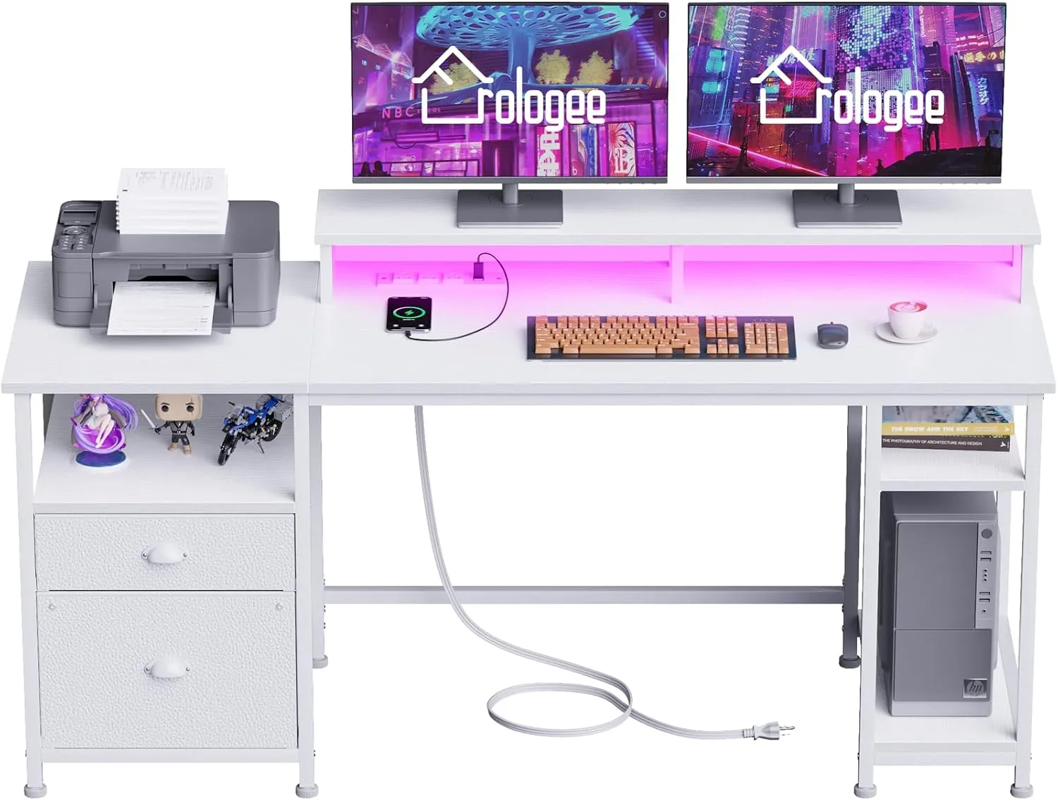 Furologee 61" Desk with LED Light & Power Outlets, Reversible Computer Table with File Cabinet & Drawer, White Gaming Desk Writing Table with Dual Monitor Stand, for Home/Office/White