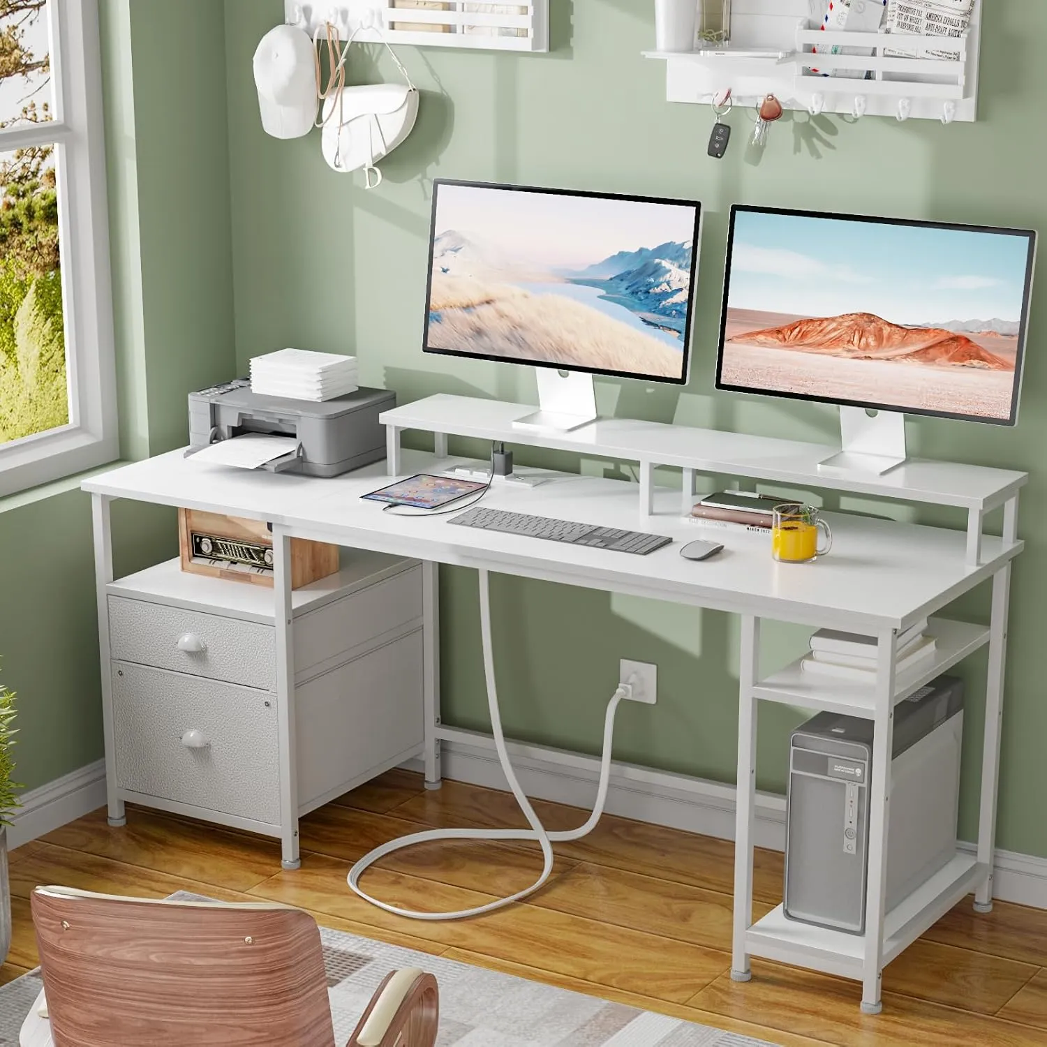 Furologee 61" Desk with LED Light & Power Outlets, Reversible Computer Table with File Cabinet & Drawer, White Gaming Desk Writing Table with Dual Monitor Stand, for Home/Office/White