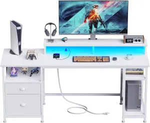 Furologee 61" Desk with LED Light & Power Outlets, Reversible Computer Table with File Cabinet & Drawer, White Gaming Desk Writing Table with Dual Monitor Stand, for Home/Office/White