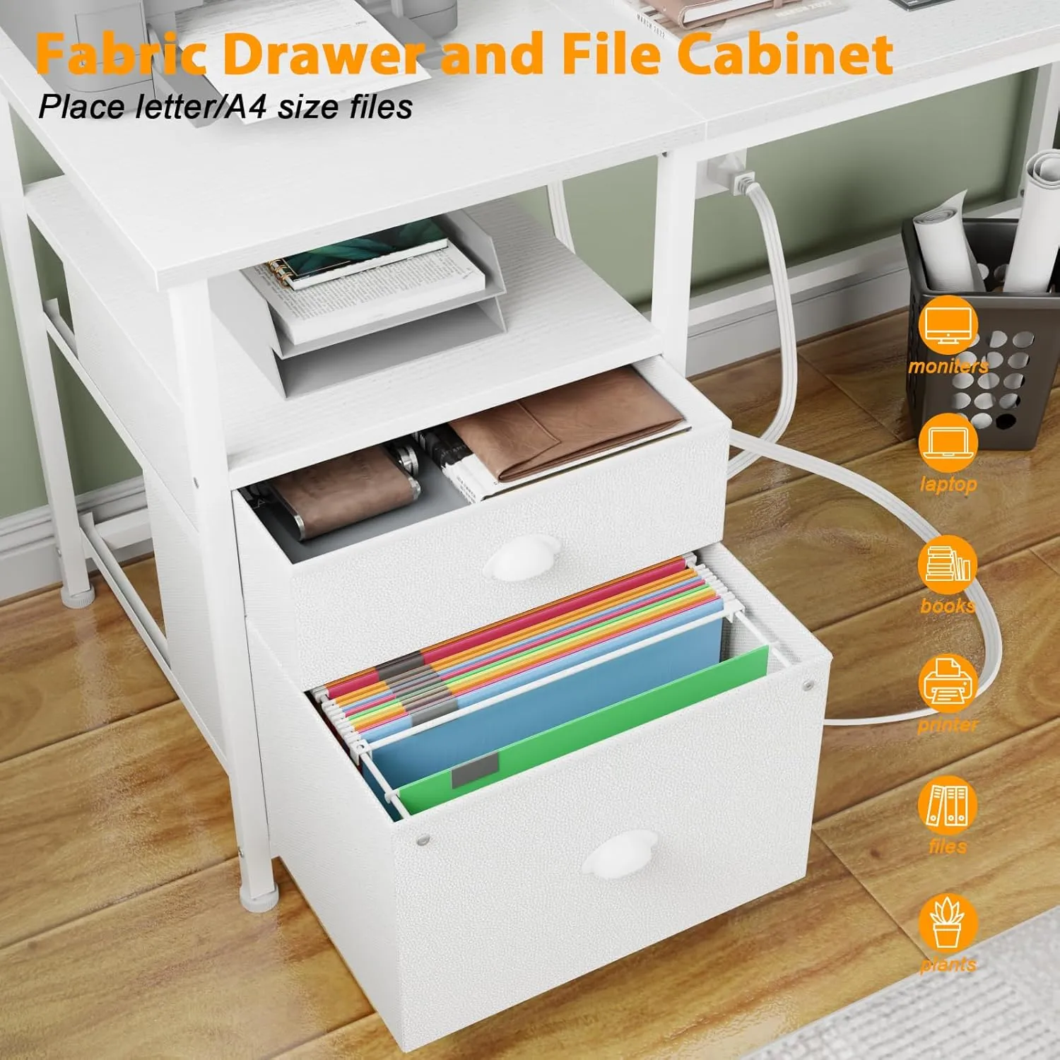 Furologee 61" Desk with LED Light & Power Outlets, Reversible Computer Table with File Cabinet & Drawer, White Gaming Desk Writing Table with Dual Monitor Stand, for Home/Office/White