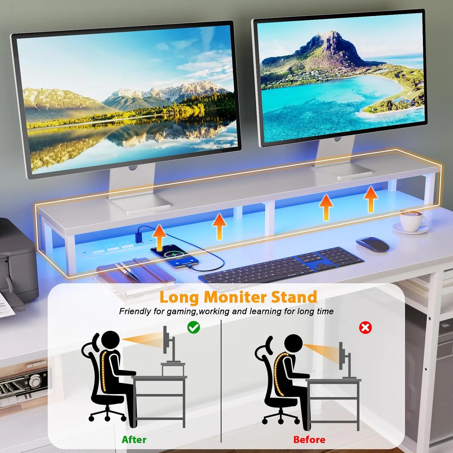 Furologee 61" Desk with LED Light & Power Outlets, Reversible Computer Table with File Cabinet & Drawer, White Gaming Desk Writing Table with Dual Monitor Stand, for Home/Office/White