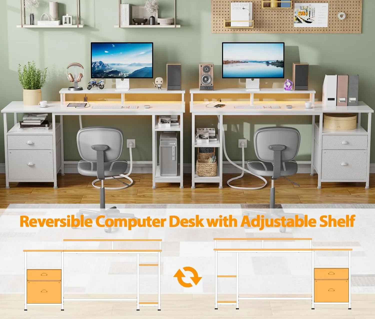 Furologee 61" Desk with LED Light & Power Outlets, Reversible Computer Table with File Cabinet & Drawer, White Gaming Desk Writing Table with Dual Monitor Stand, for Home/Office/White