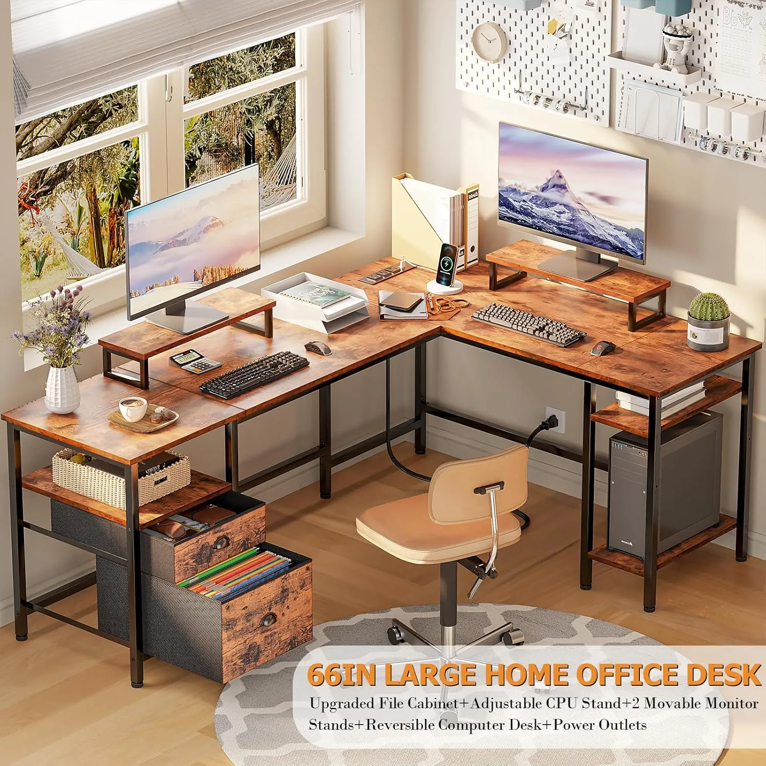 Furologee 66” L Shaped Desk with Power Outlet, Reversible Computer Gaming Desk with File Drawer & 2 Monitor Stands for Home Office with Storage Shelves, Rustic Brown