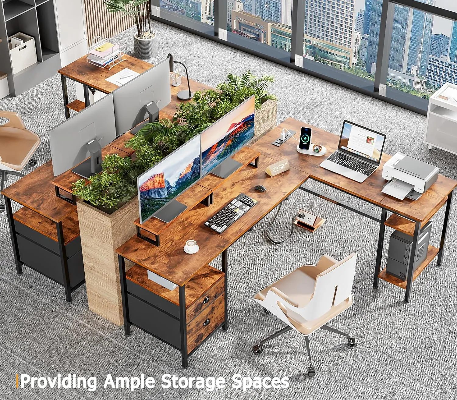 Furologee 66” L Shaped Desk with Power Outlet, Reversible Computer Gaming Desk with File Drawer & 2 Monitor Stands for Home Office with Storage Shelves, Rustic Brown
