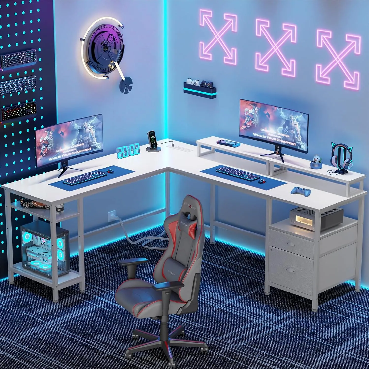 Furologee 66” L Shaped Desk with Power Outlet, Reversible Computer Gaming Desk with File Drawer & 2 Monitor Stands for Home Office with Storage Shelves, White