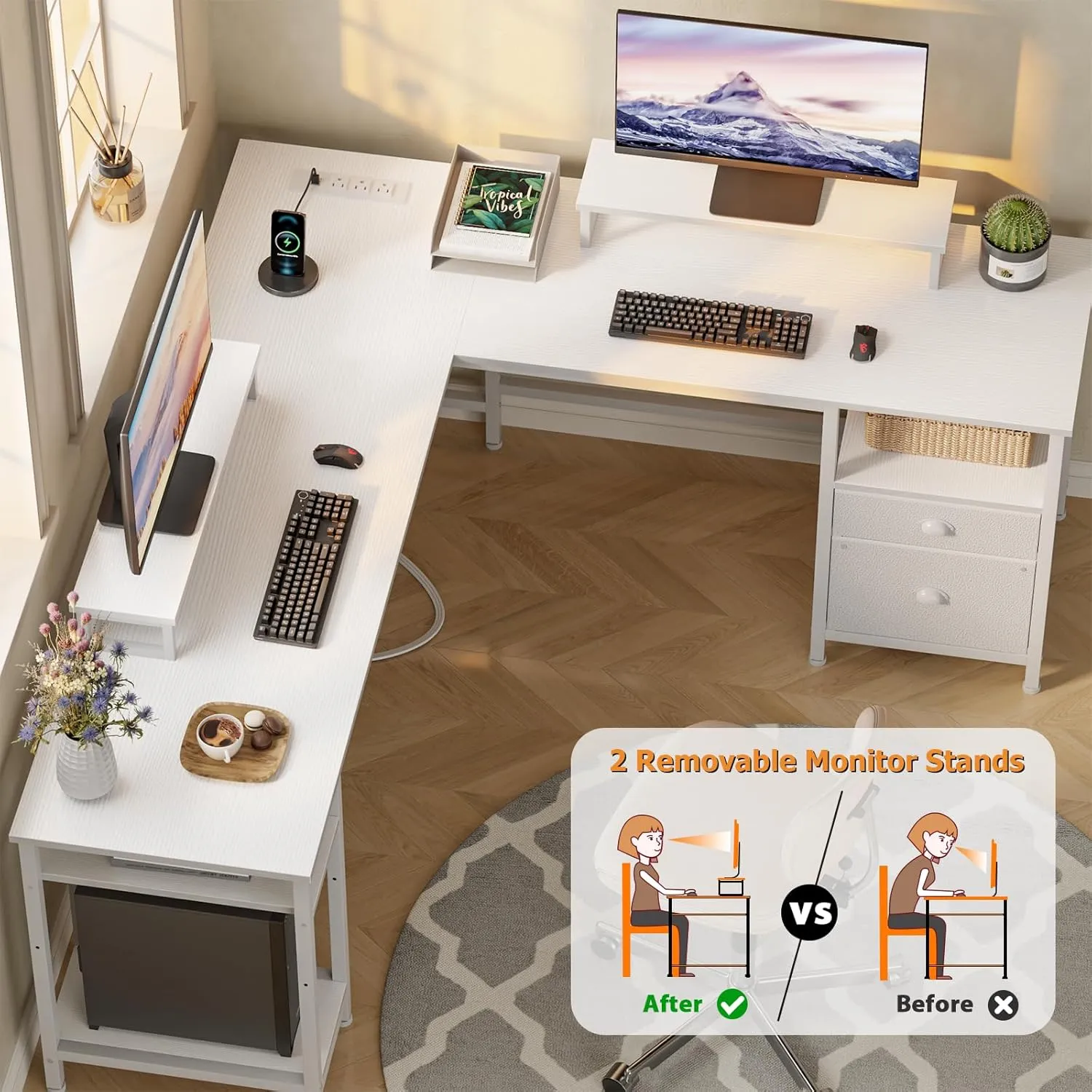 Furologee 66” L Shaped Desk with Power Outlet, Reversible Computer Gaming Desk with File Drawer & 2 Monitor Stands for Home Office with Storage Shelves, White