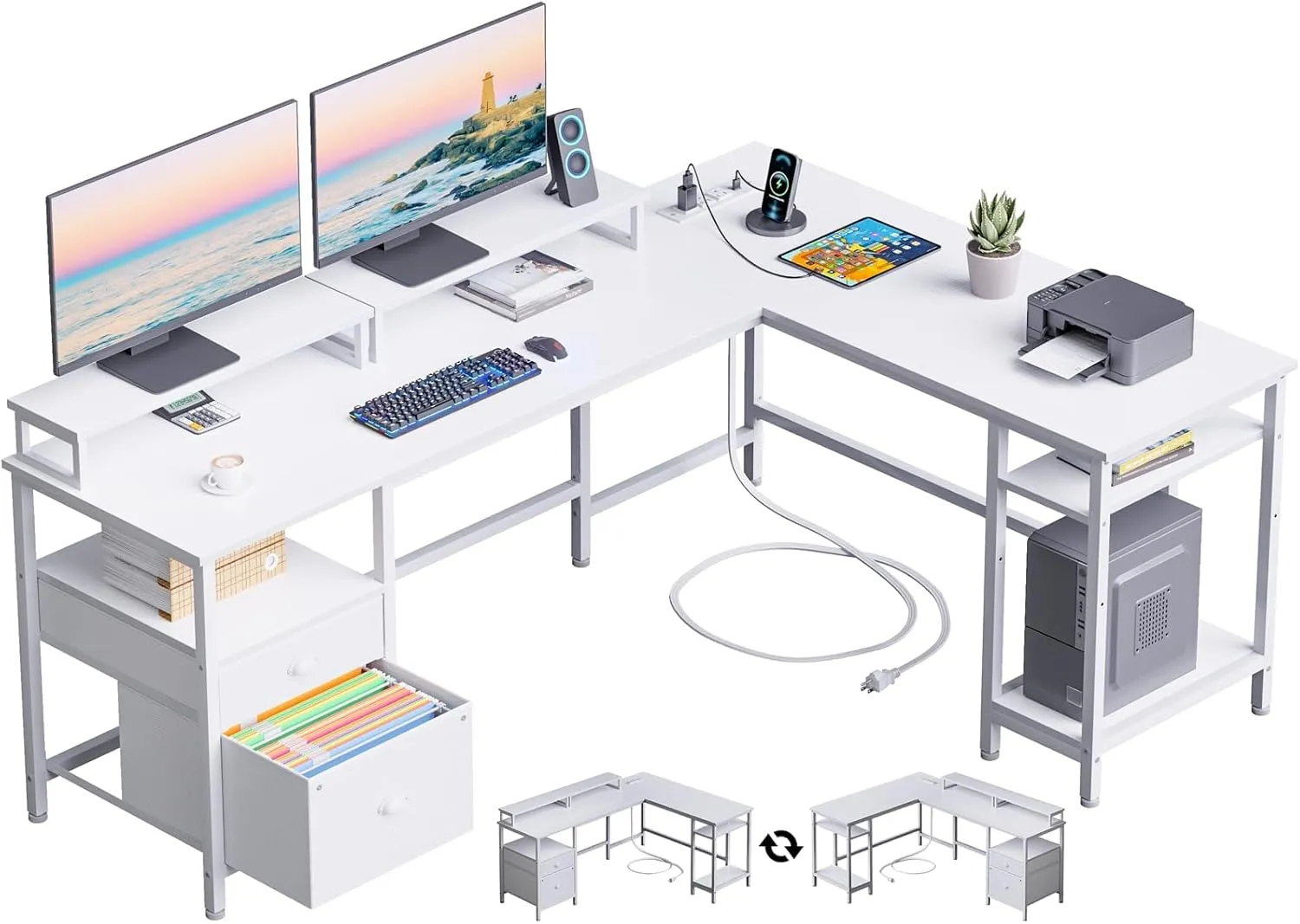 Furologee 66” L Shaped Desk with Power Outlet, Reversible Computer Gaming Desk with File Drawer & 2 Monitor Stands for Home Office with Storage Shelves, White