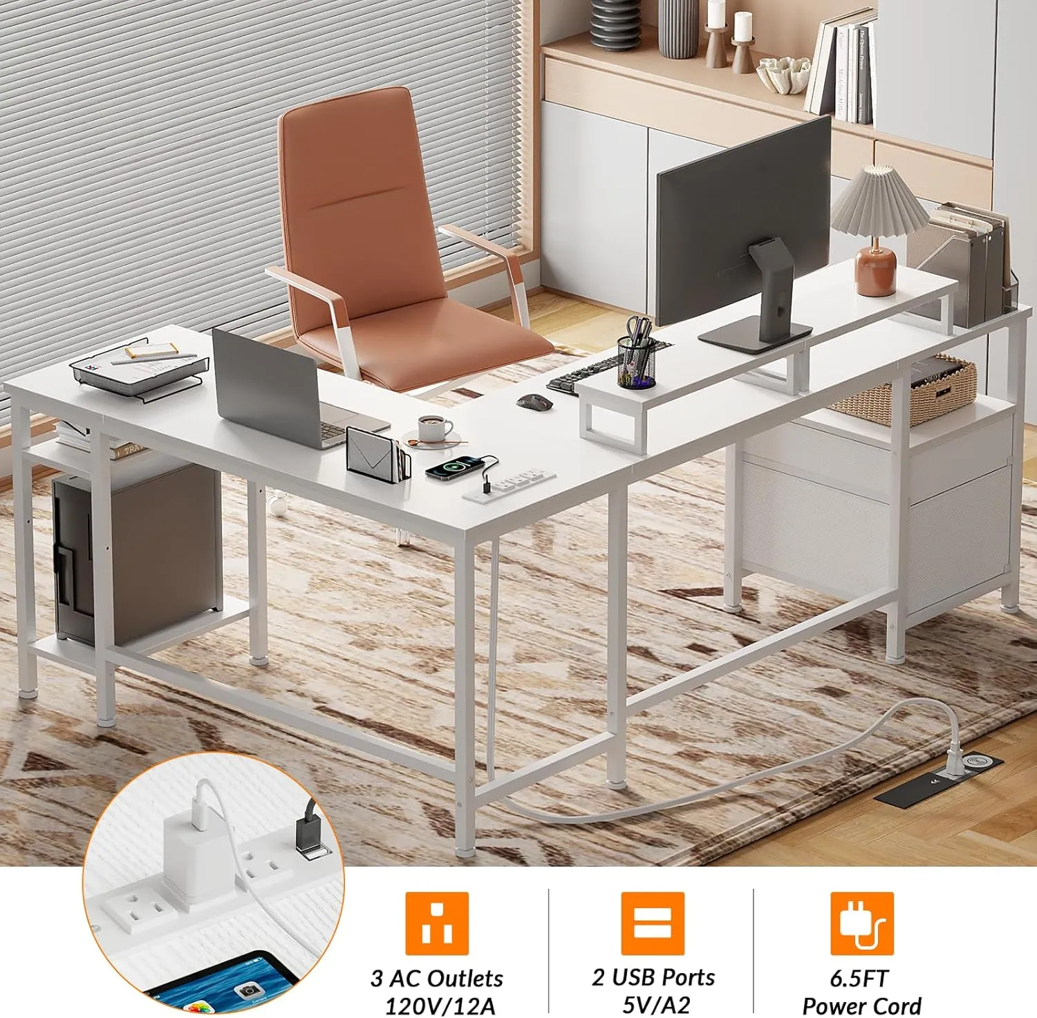 Furologee 66” L Shaped Desk with Power Outlet, Reversible Computer Gaming Desk with File Drawer & 2 Monitor Stands for Home Office with Storage Shelves, White