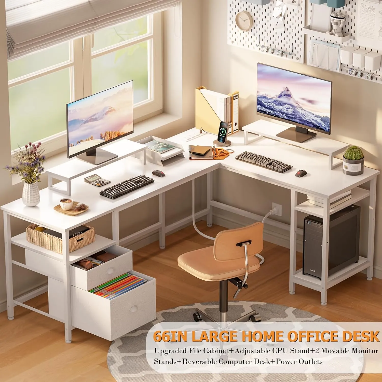 Furologee 66” L Shaped Desk with Power Outlet, Reversible Computer Gaming Desk with File Drawer & 2 Monitor Stands for Home Office with Storage Shelves, White