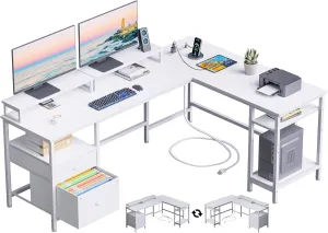 Furologee 66” L Shaped Desk with Power Outlet, Reversible Computer Gaming Desk with File Drawer & 2 Monitor Stands for Home Office with Storage Shelves, White