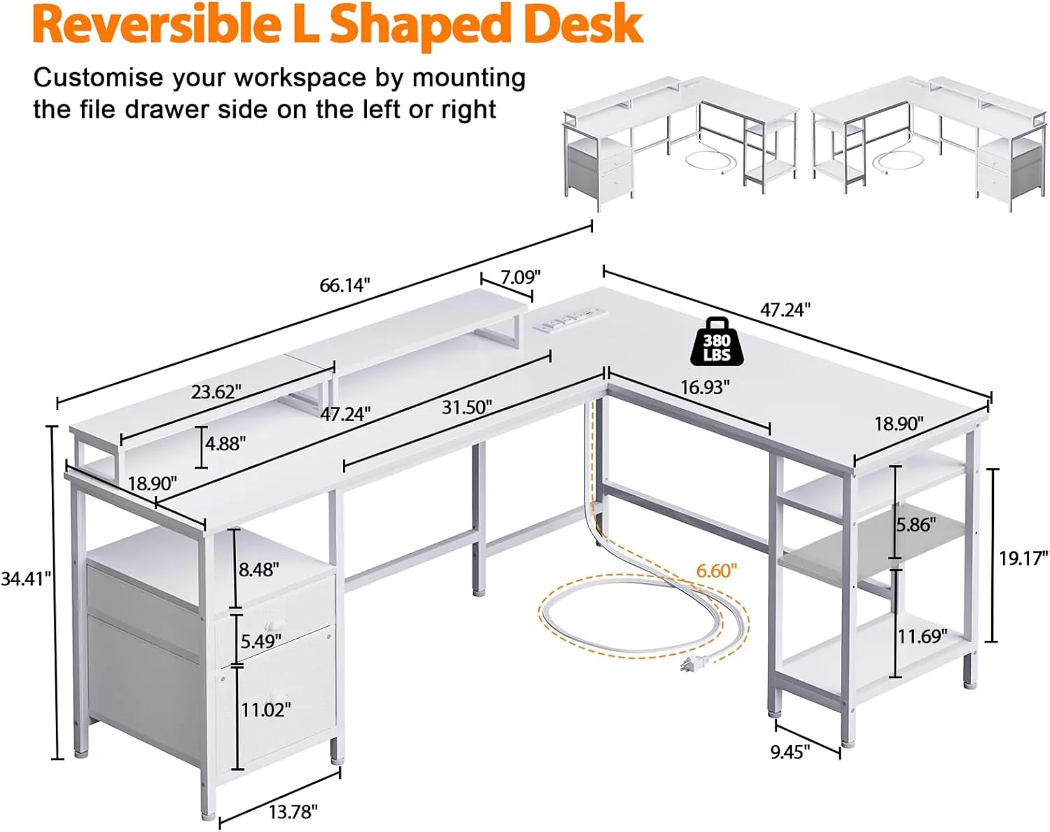 Furologee 66” L Shaped Desk with Power Outlet, Reversible Computer Gaming Desk with File Drawer & 2 Monitor Stands for Home Office with Storage Shelves, White